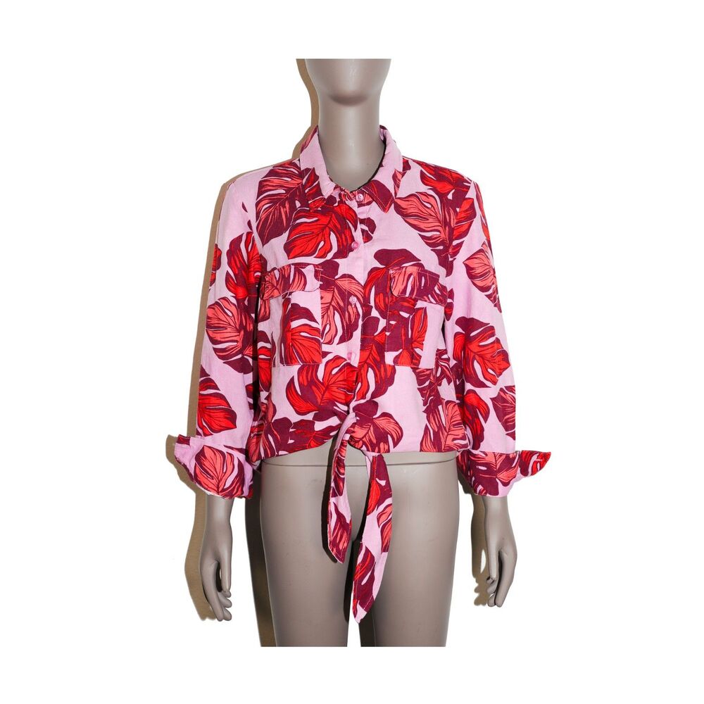 Floral Linen Button Down Long Sleeve Shirt Lightweight Boho Tie Top Medium